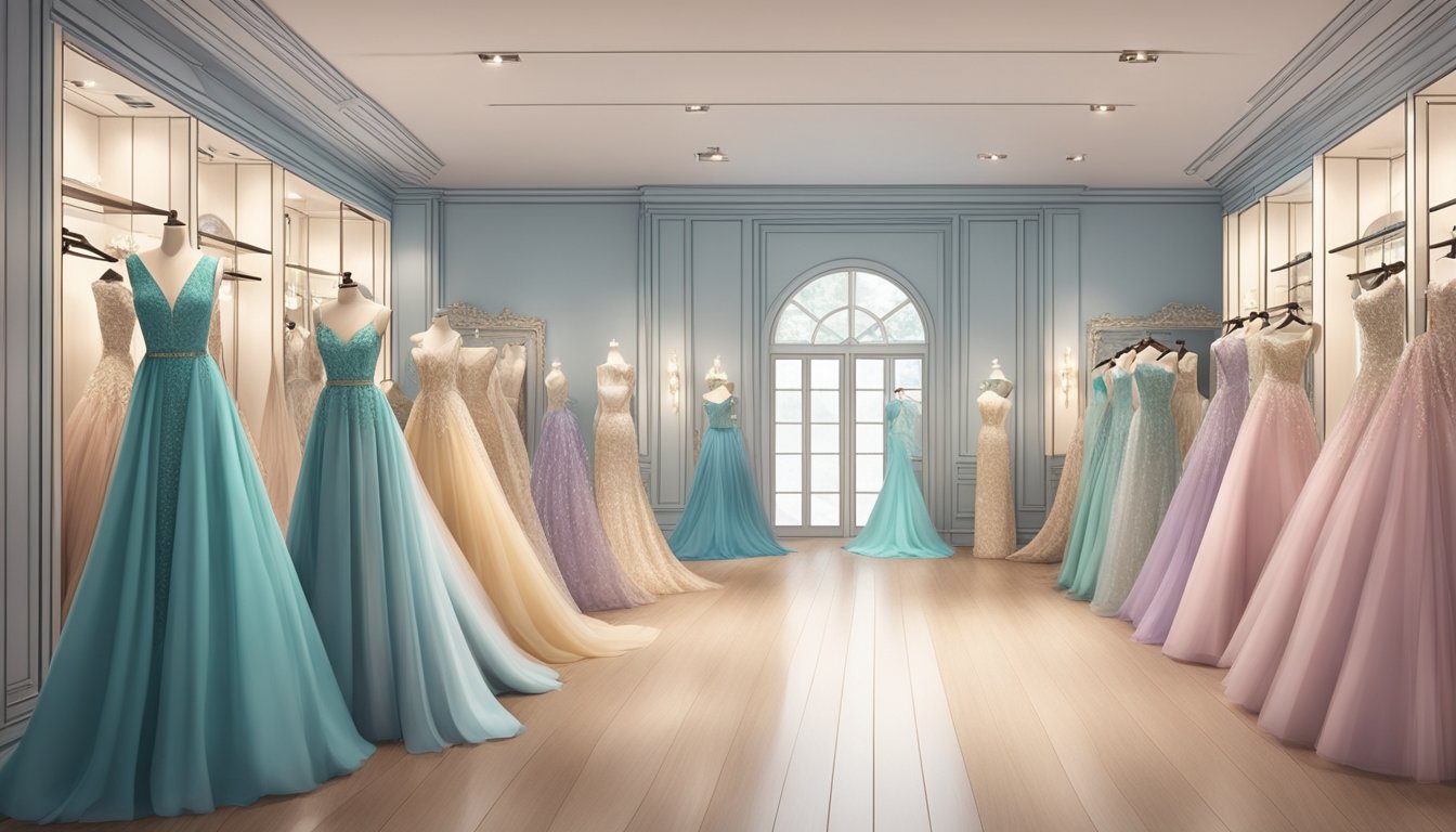 A luxurious boutique in Singapore showcases elegant evening gowns in various styles and colors, displayed on mannequins and racks, with soft lighting creating a glamorous atmosphere