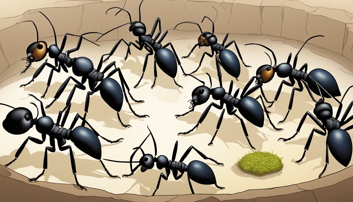 A group of ants tending to their queen, feeding her and ensuring her comfort in a well-organized underground chamber