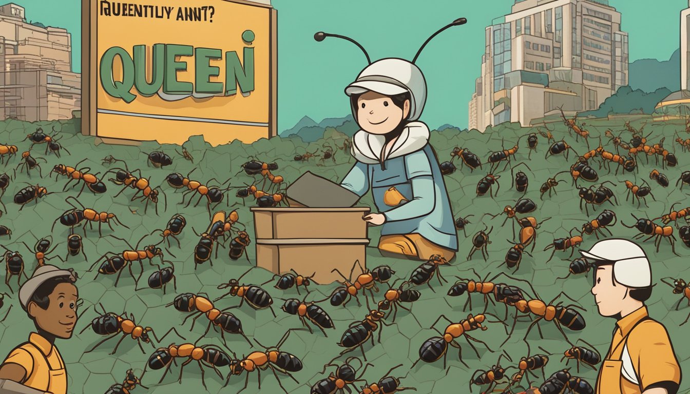 A queen ant surrounded by worker ants, with a backdrop of a bustling ant colony and a sign reading "Frequently Asked Questions buy queen ant singapore"