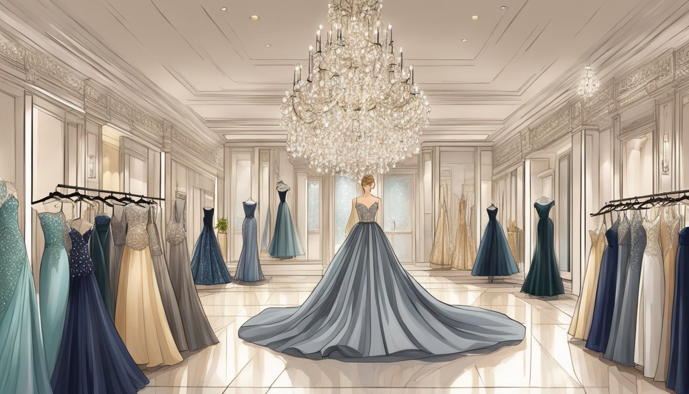 A luxurious boutique in Singapore showcases a stunning array of evening gowns, with elegant designs and exquisite fabrics on display. Sparkling chandeliers illuminate the opulent space, creating a sophisticated and glamorous atmosphere for shoppers