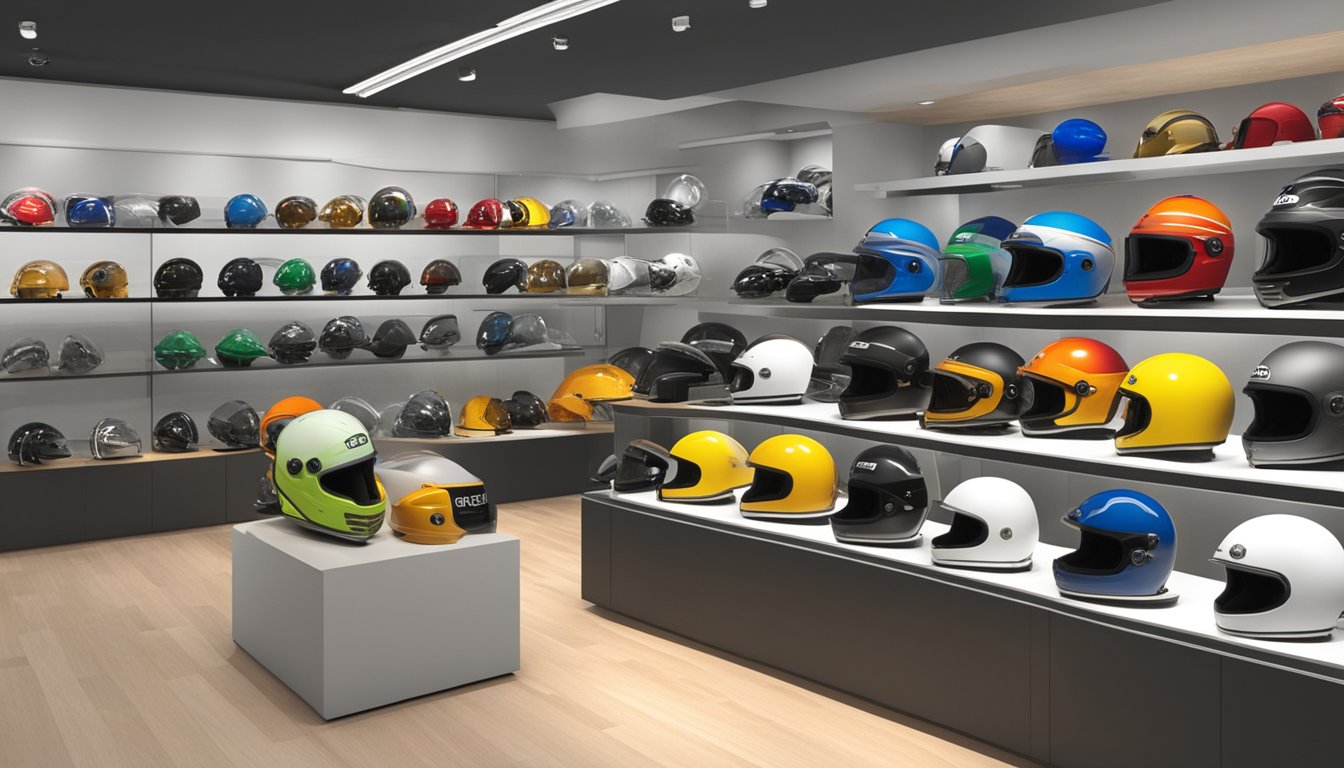 A display of various Bell helmets in a specialty store in Singapore, with clear signage indicating the different types and sizes available for purchase