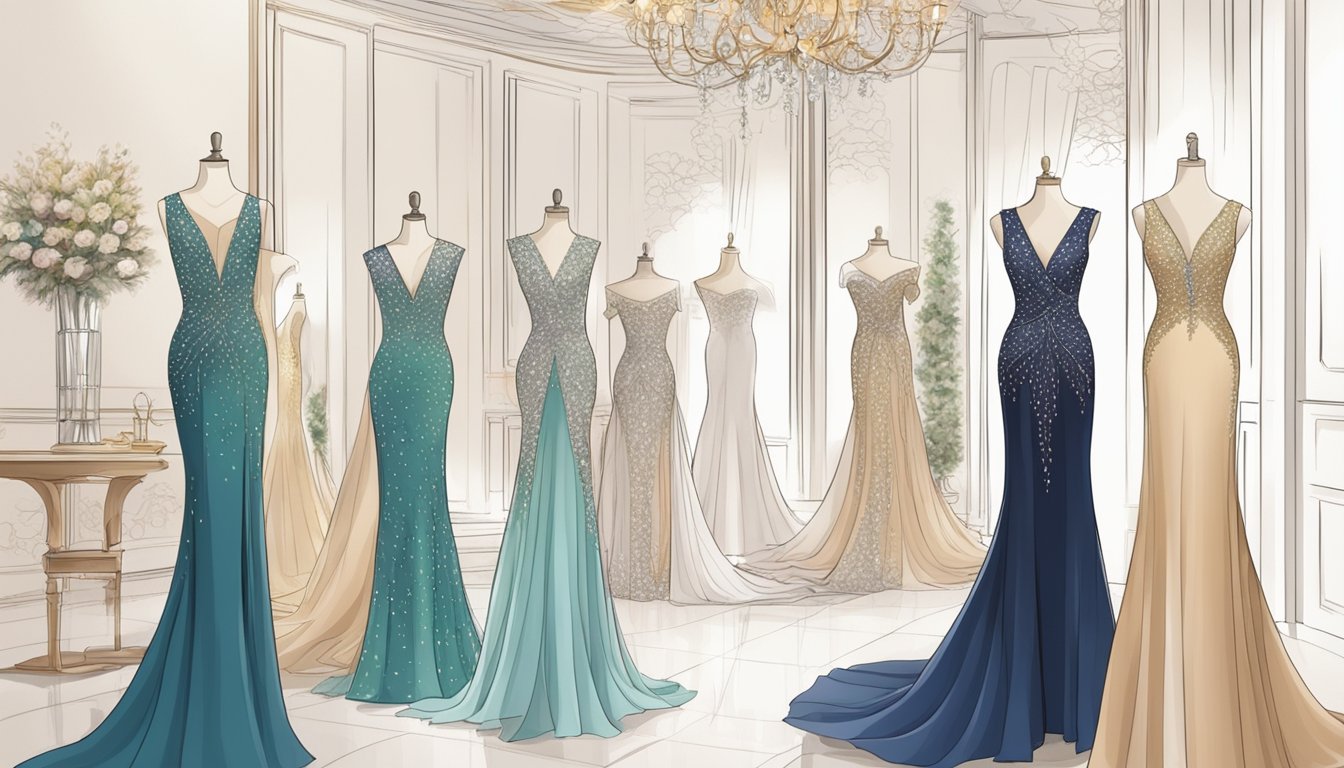 A luxurious boutique in Singapore showcases elegant evening gowns in various styles and colors, with sparkling embellishments and flowing fabrics