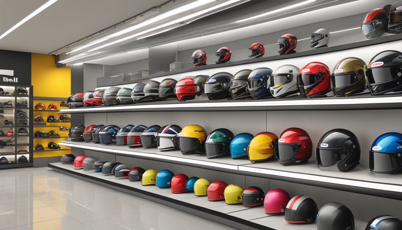 A store display of Bell helmets in Singapore, with various models and sizes showcased on shelves or mannequins