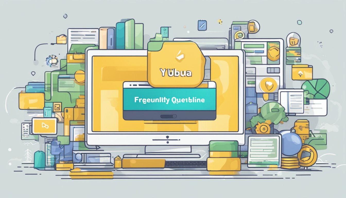 A computer screen displaying a website with the title "Frequently Asked Questions buy yuba online" surrounded by various product images and a search bar