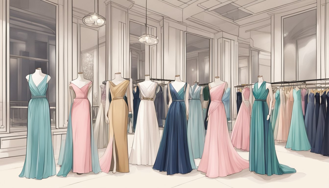 A luxurious boutique in Singapore, with racks of elegant evening gowns in various styles and colors. Mannequins adorned in glamorous dresses catch the eye of passersby