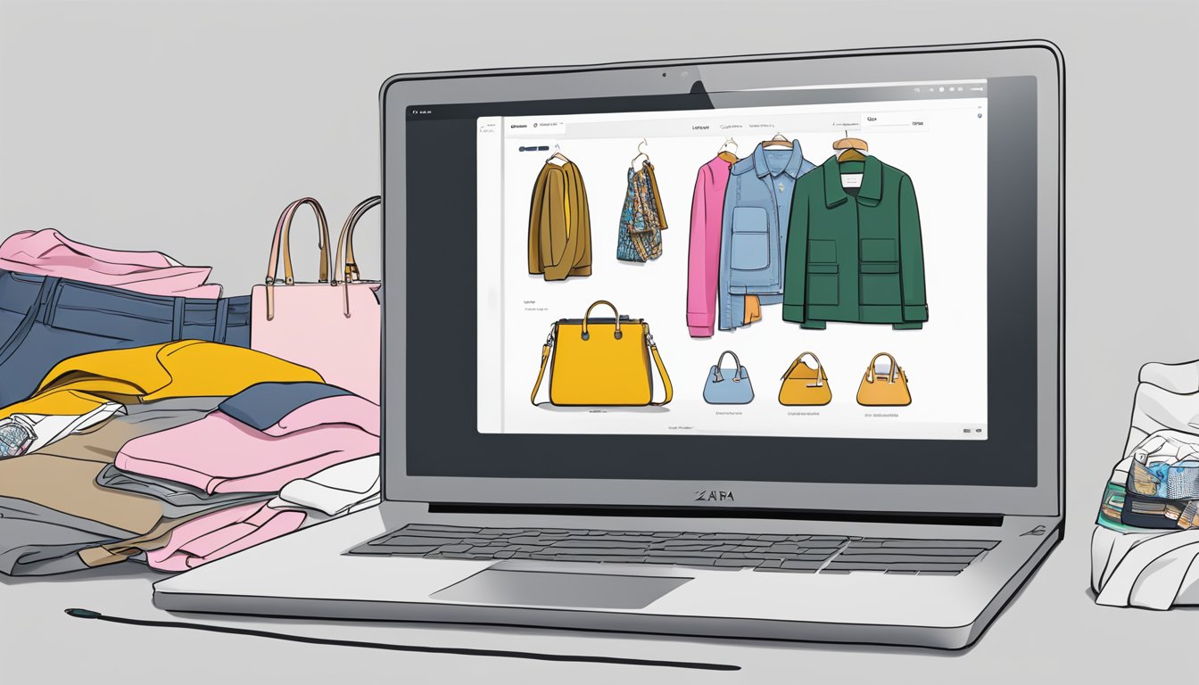 A laptop open to Zara's website with a variety of clothing items displayed. A cursor hovers over the "Add to Bag" button