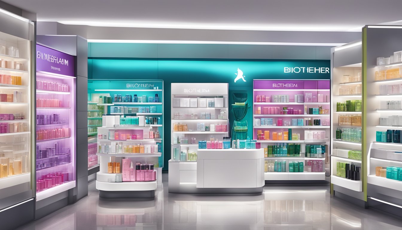Biotherm products displayed on shelves in a modern Singaporean beauty store. Bright lighting highlights the sleek packaging and vibrant colors