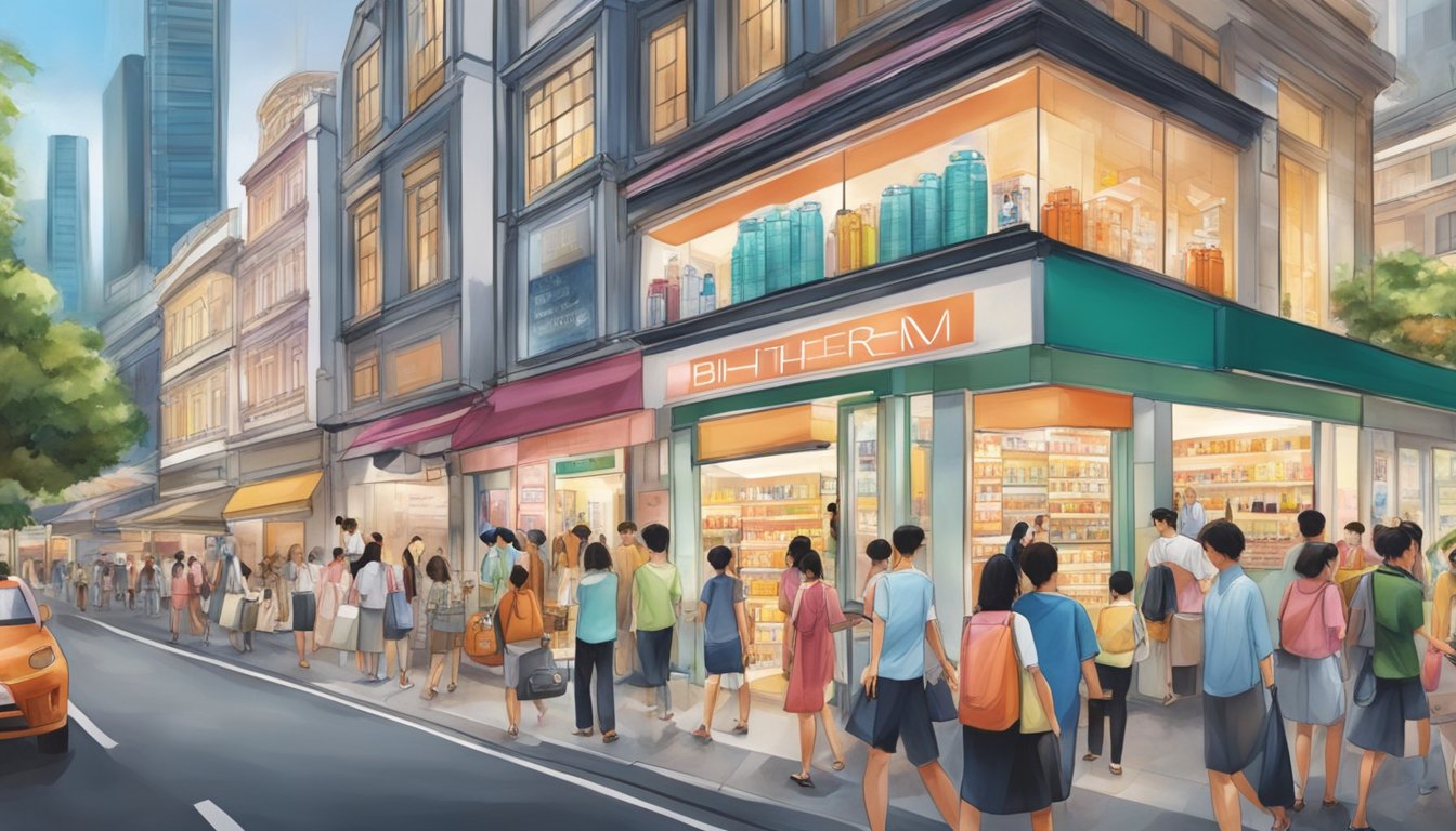 A bustling street in Singapore with a prominent storefront displaying Biotherm products, surrounded by other shops and busy shoppers