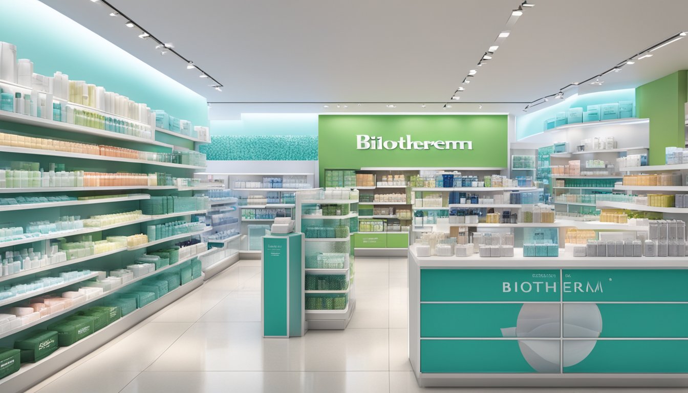 A clean and organized display of Biotherm products in a well-lit store in Singapore, with prominent signage indicating where to purchase the items