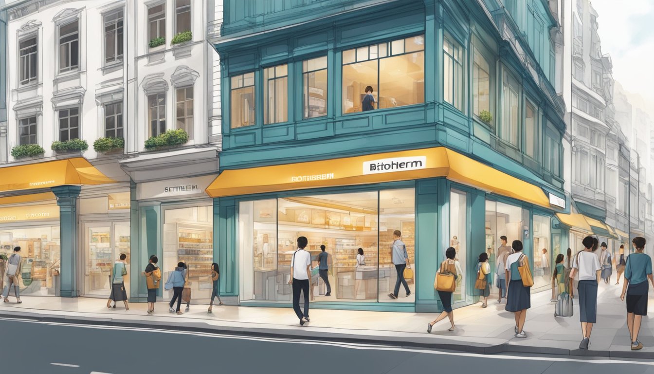 A bustling Singaporean street with prominent signage for Biotherm products in store windows. People passing by and looking at the displays