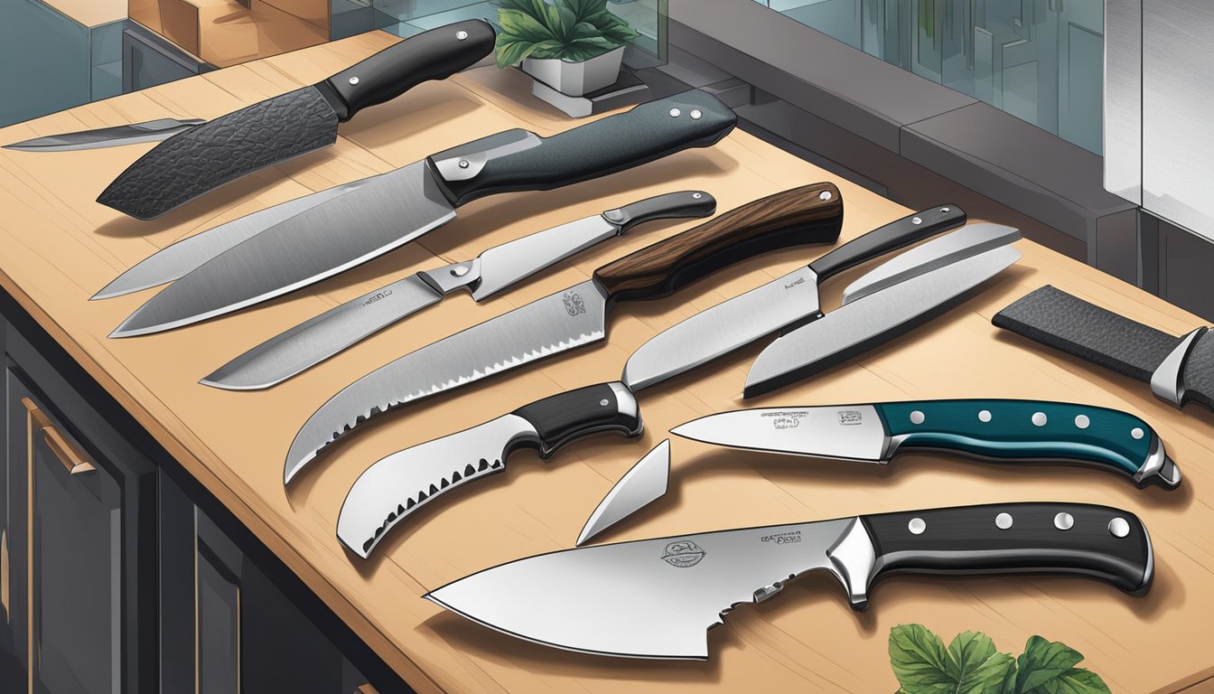 A variety of high-quality knives displayed on a sleek, modern countertop with a backdrop of a bustling online marketplace for knife shopping in Singapore