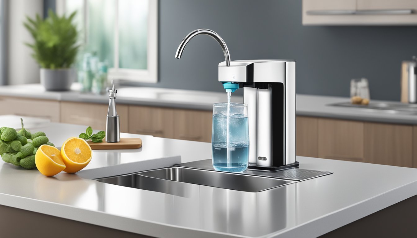A modern kitchen with a sleek, stainless steel water dispenser sitting on the countertop. A glass of cold, refreshing water is being poured from the dispenser into a clear glass