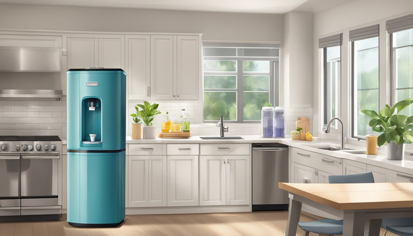 A water dispenser sits in a modern kitchen, surrounded by clean countertops and a stack of empty water bottles. The room is filled with natural light, creating a warm and inviting atmosphere