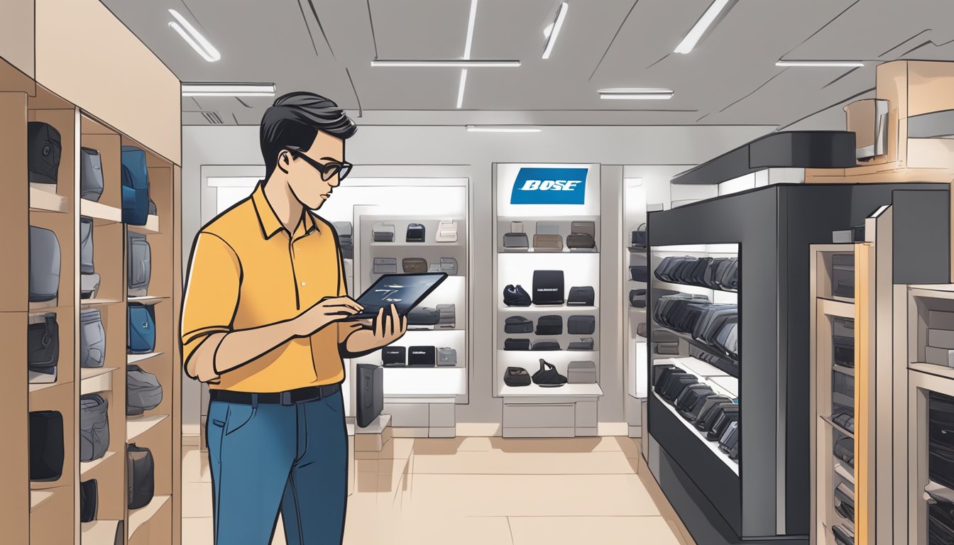 A customer browsing through a variety of Bose products on display at a retail store in Singapore, with a sign above reading "Frequently Asked Questions: where to buy Bose Singapore."