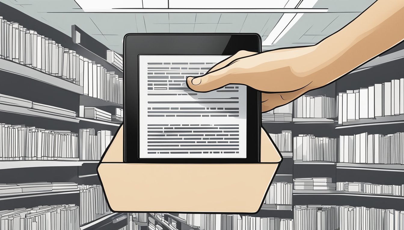 A hand reaches out to select a sleek Kindle Paperwhite from a display shelf in a well-lit electronic store in Singapore