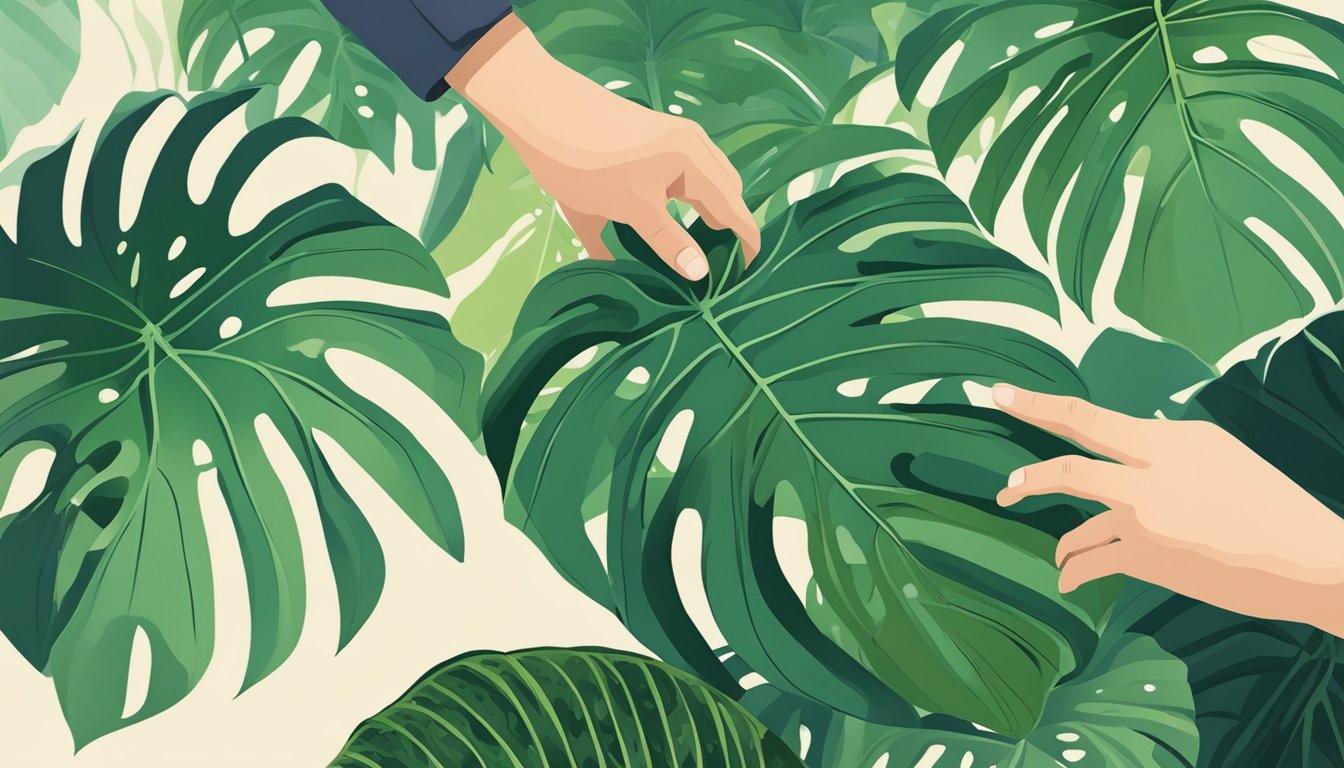 A hand reaching for a vibrant monstera deliciosa plant in a lush, tropical setting in Singapore