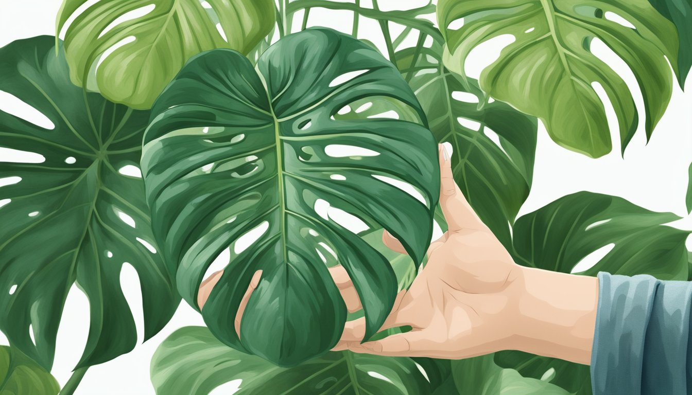A pair of hands gently wipe the large, glossy leaves of a Monstera Deliciosa plant with a damp cloth, ensuring each leaf is free of dust and debris