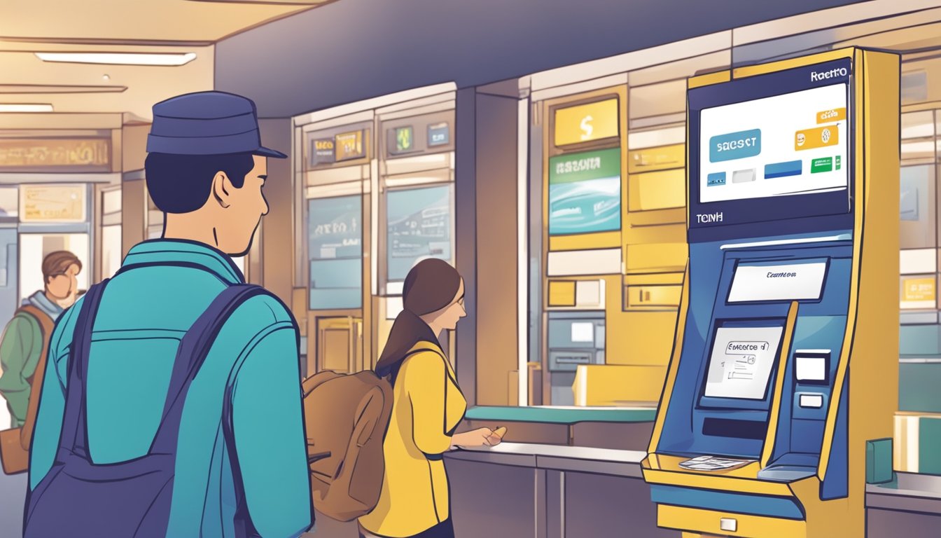 A customer approaches a ticketing machine. They insert cash or card, select "Touch 'n Go Card," and receive the card