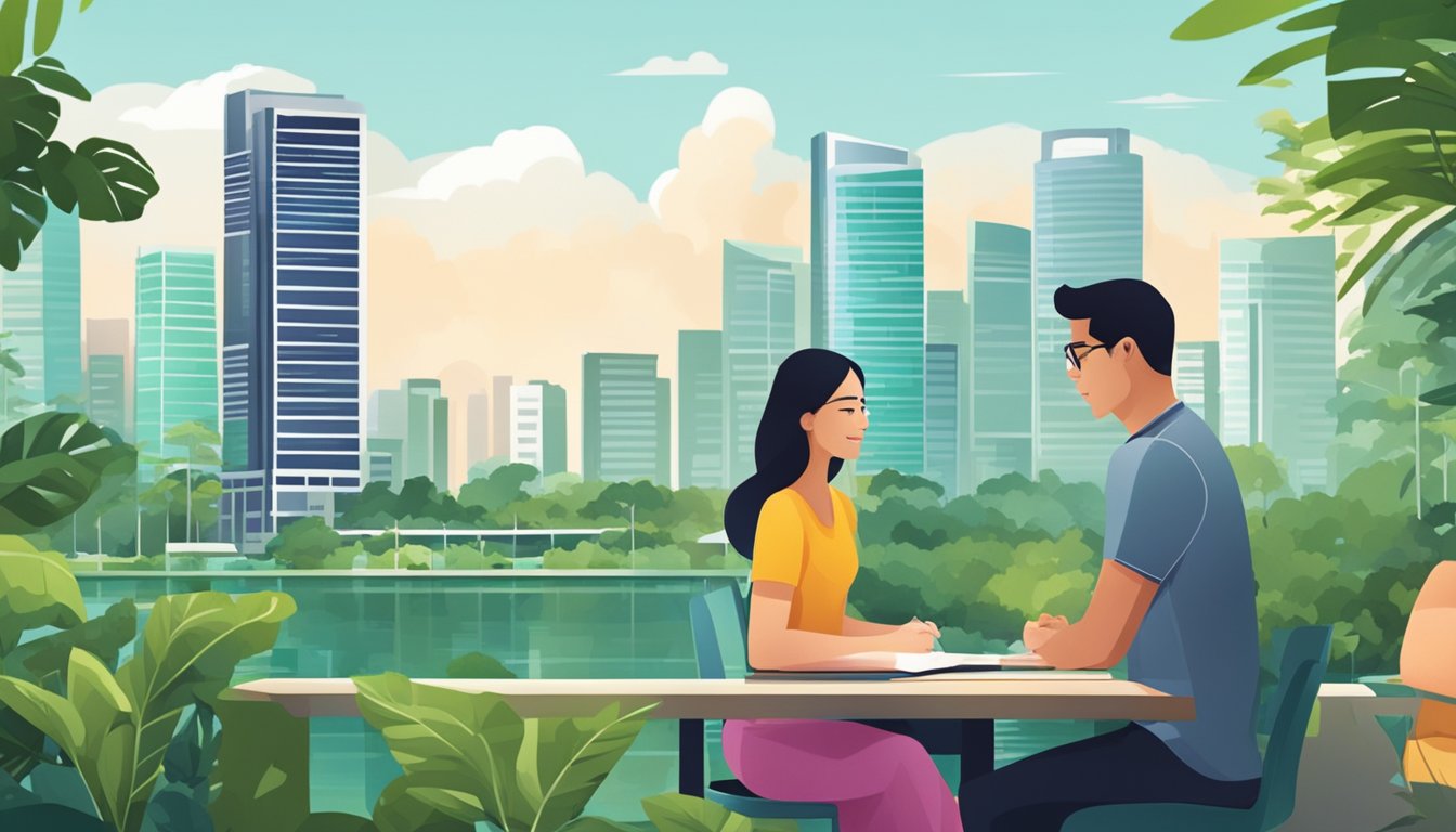 A couple discusses property options in a modern Singapore cityscape, with skyscrapers and lush greenery in the background