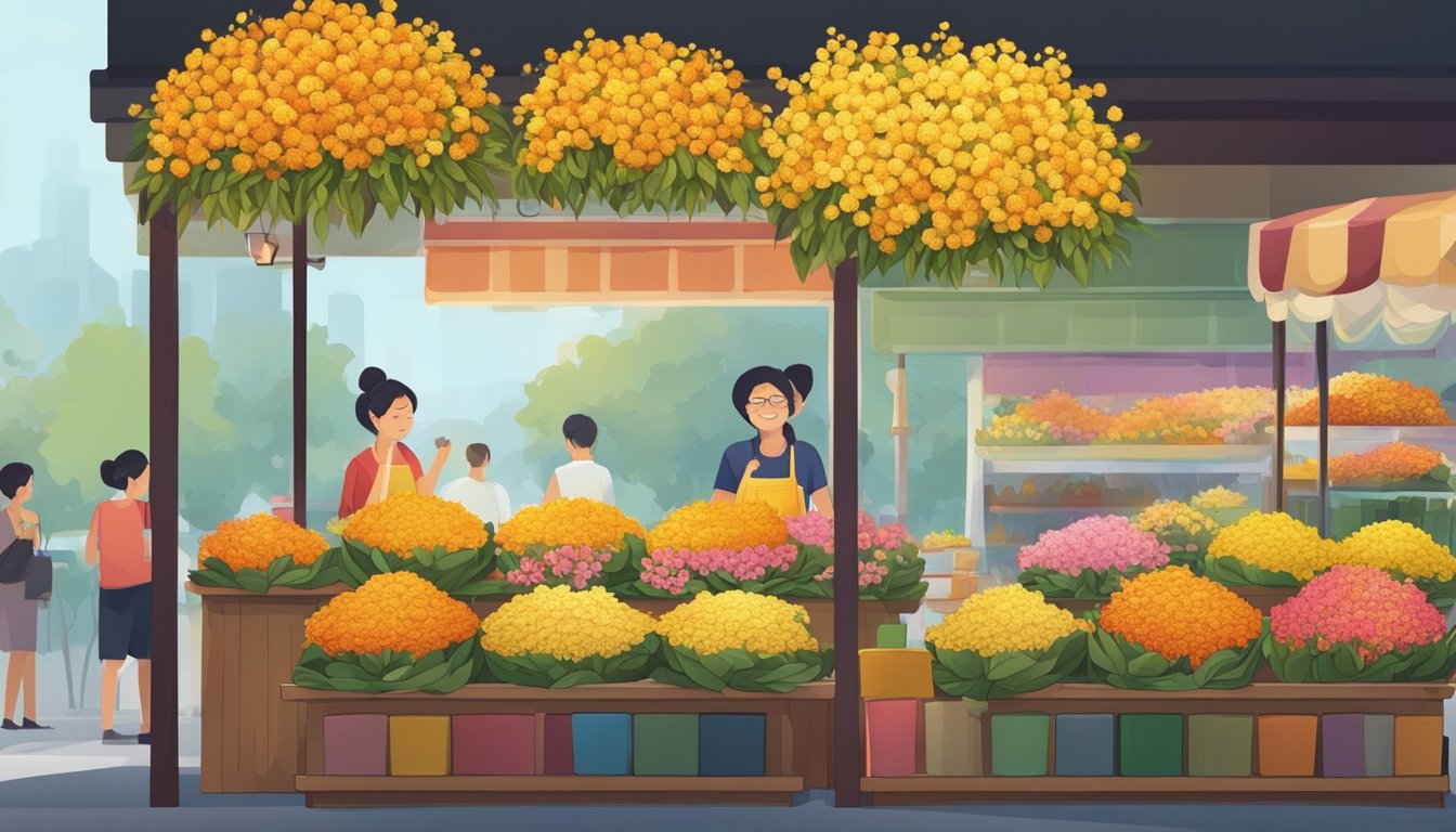 Vibrant market stall with colorful osmanthus flowers in Singapore. Customers browsing and purchasing the fragrant blooms
