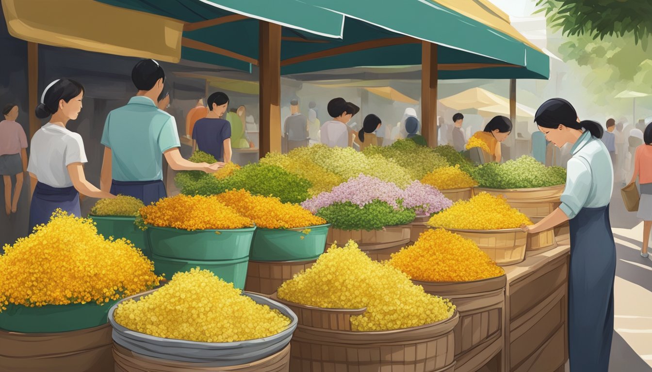 A bustling Singapore market stall displays vibrant osmanthus flowers in various hues and sizes, enticing passersby with their sweet, fragrant aroma