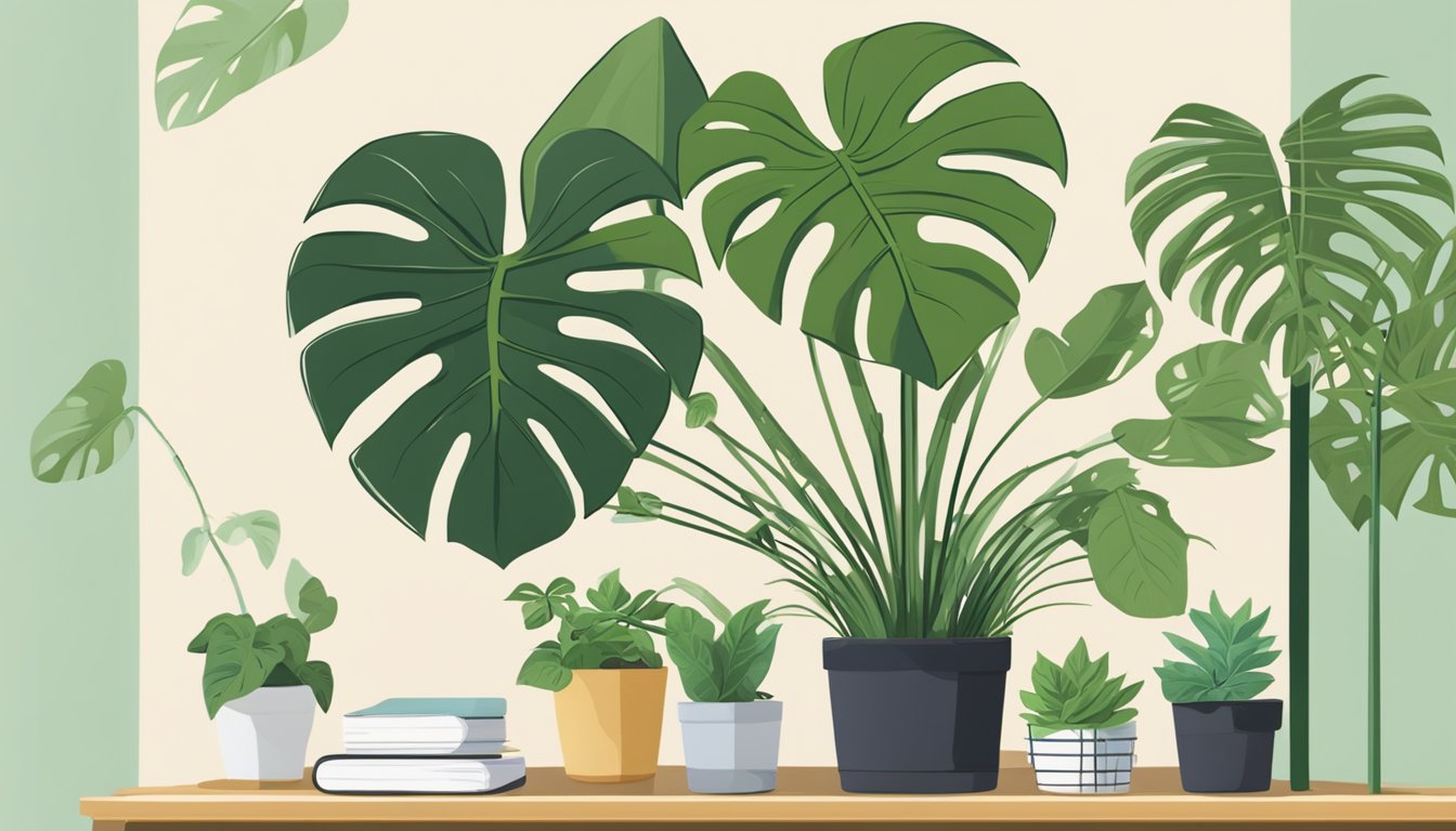 A monstera deliciosa plant sits on a table, surrounded by potted plants. A sign reads "Frequently Asked Questions: buy monstera deliciosa singapore"