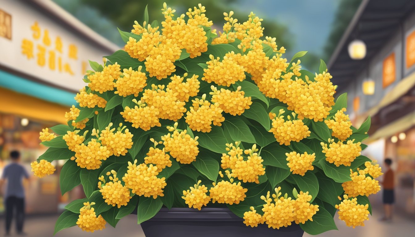 Osmanthus flowers on display at a Singapore market, with vibrant colors and a sweet, fragrant aroma
