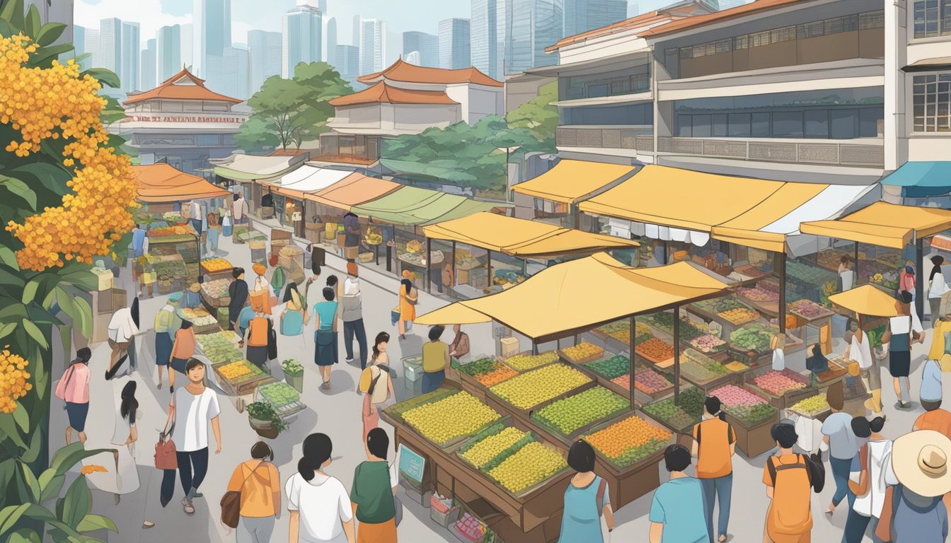 A bustling market with colorful stalls selling osmanthus flowers in Singapore. Shoppers browsing, vendors arranging, and a sign reading "Frequently Asked Questions: Where to buy osmanthus."