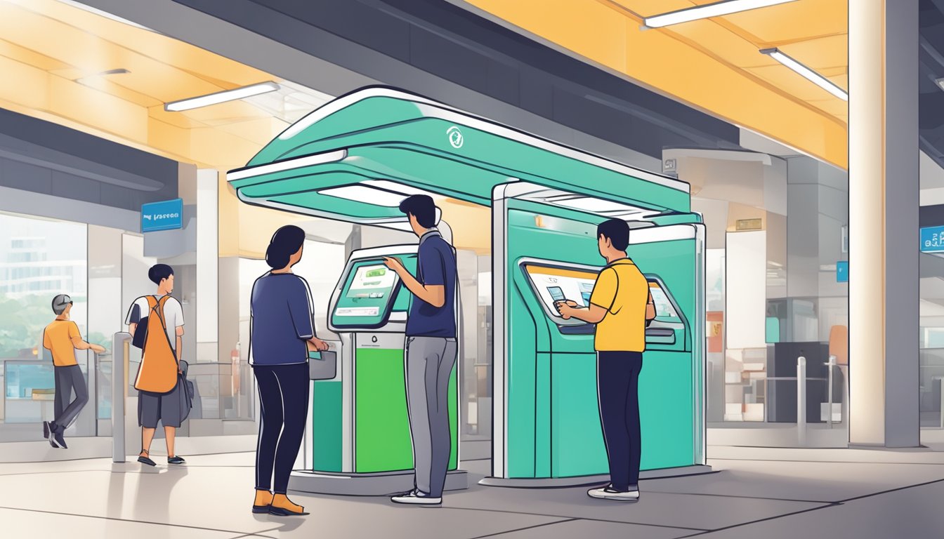 A customer at a transportation kiosk in Singapore buying a touch and go card, with a helpful staff member assisting them