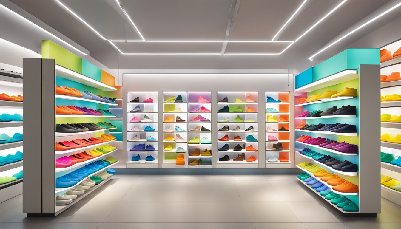 A colorful display of Camper shoes in a modern Singapore store. Bright lights and sleek shelves showcase the latest footwear options for customers to browse and purchase