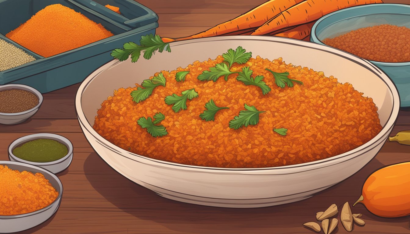 A steaming bowl of gajar ka halwa sits on a wooden table, surrounded by vibrant orange carrots and aromatic spices. A computer screen in the background displays an online shopping website