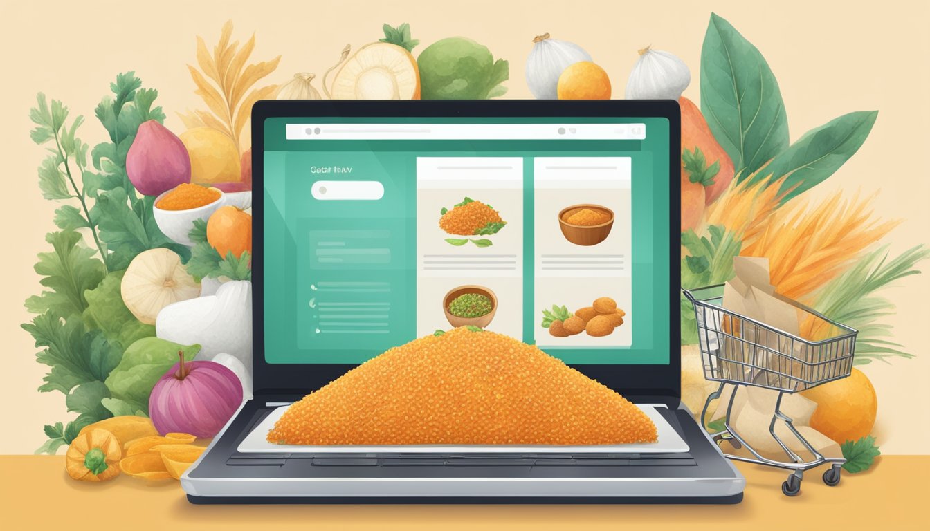 A laptop displaying a website with "Gajar Ka Halwa" on the screen, surrounded by various ingredients and a digital shopping cart