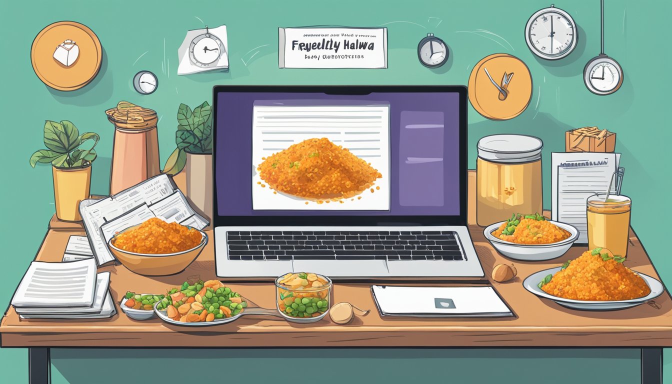 A table with a computer and a stack of papers, surrounded by various food items and a sign that reads "Frequently Asked Questions gajar ka halwa buy online."
