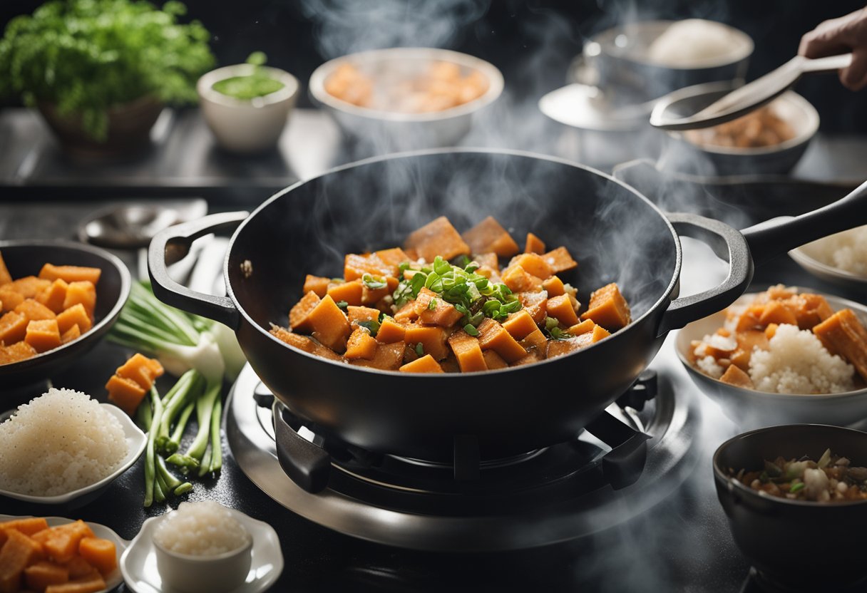 A wok sizzles with diced yams, garlic, and ginger. Steam rises as a chef adds soy sauce and green onions
