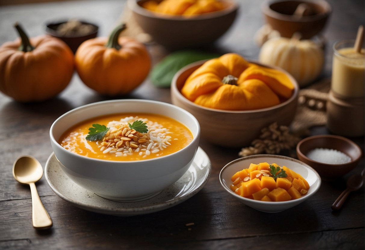 A table with a bowl of Chinese pumpkin porridge, a pumpkin, rice, sugar, and a spoon. Alternative ingredients like sweet potato and coconut milk are displayed nearby
