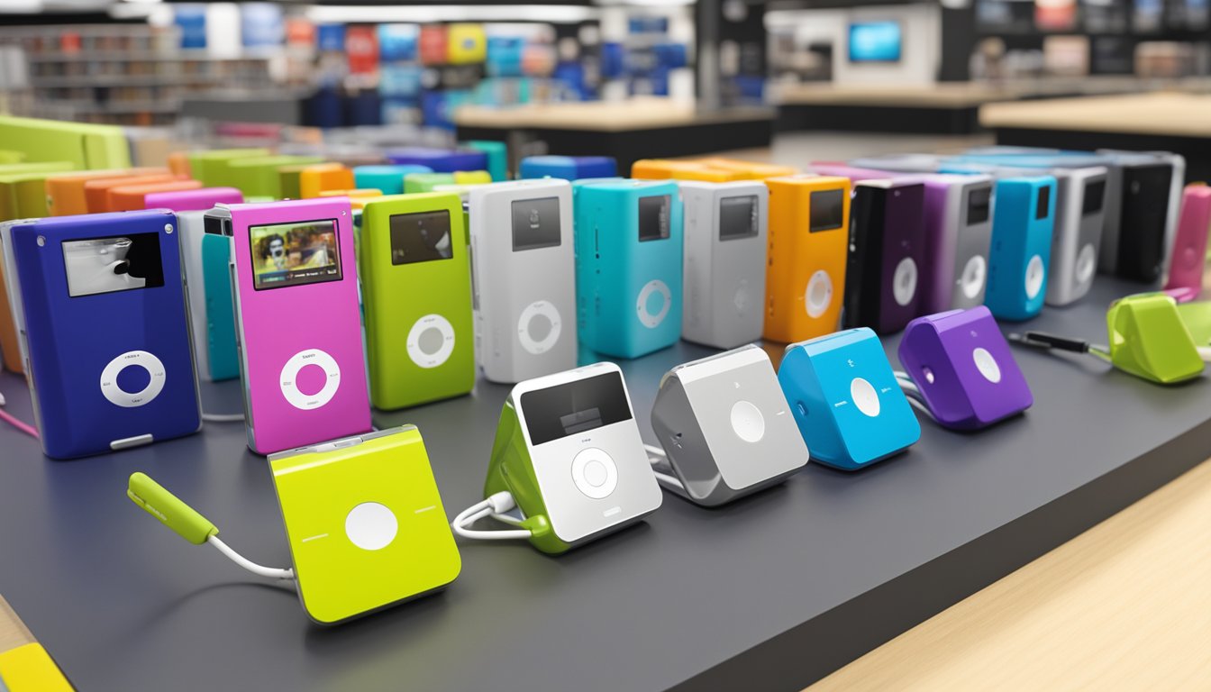 An iPod Shuffle sits among other models at a Best Buy store, showcasing its compact size and sleek design