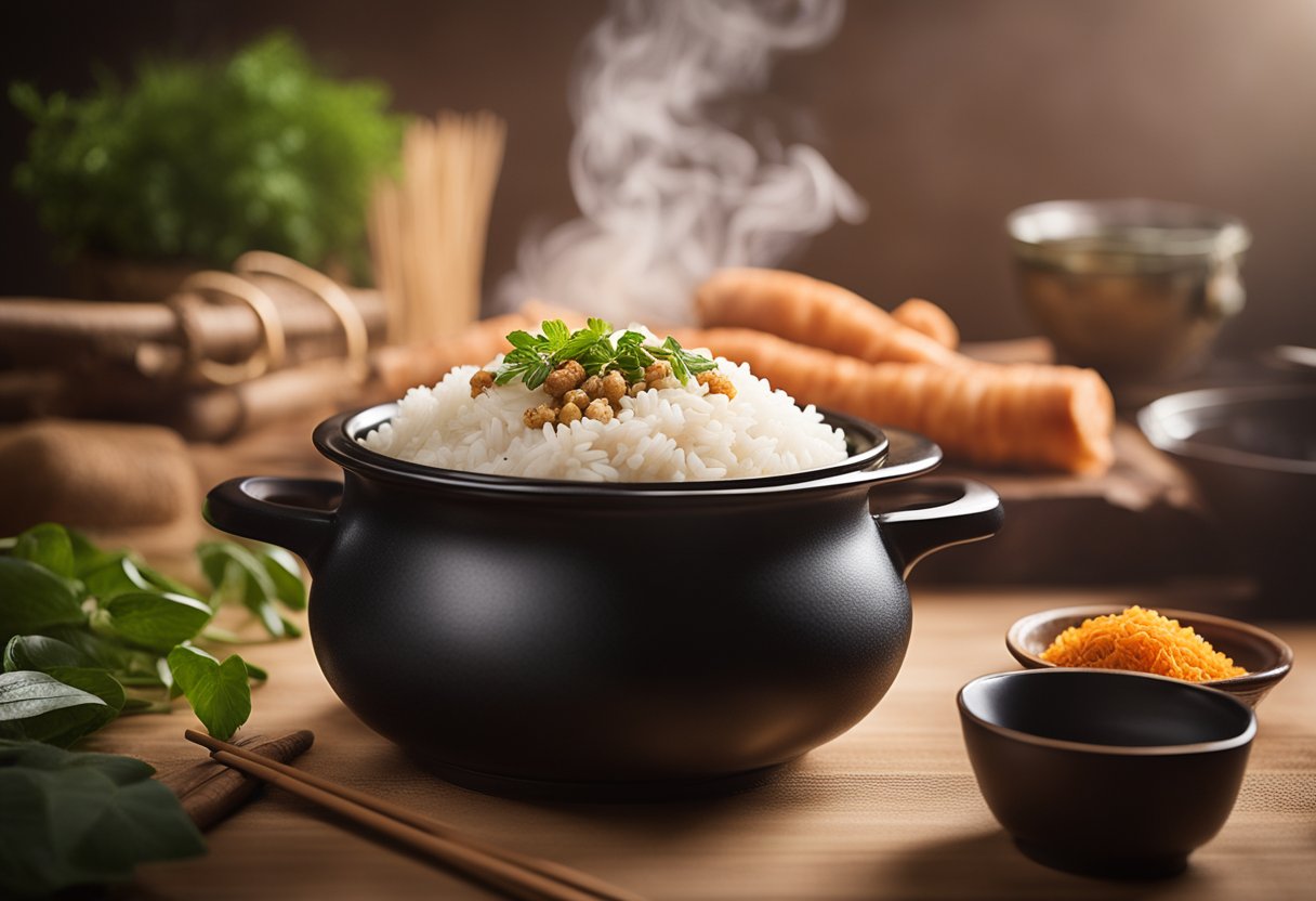 A steaming pot of yam rice, surrounded by fragrant herbs and spices, with a pair of chopsticks resting on the side