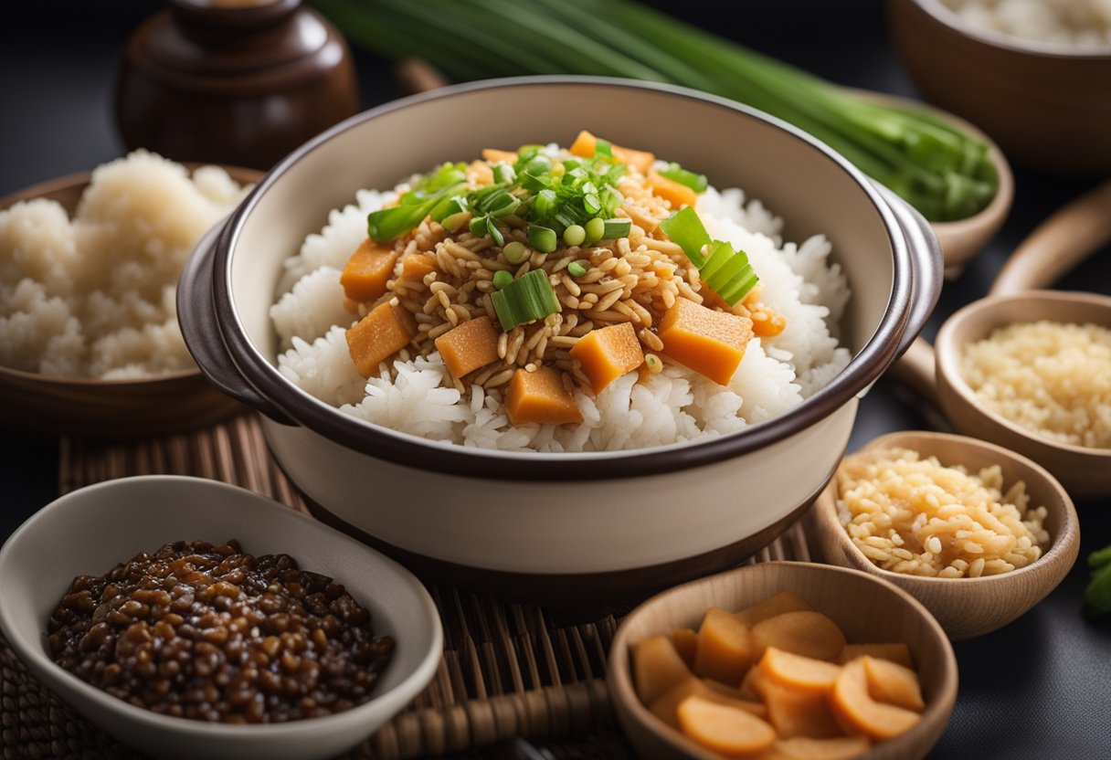 A pot of cooked yam rice surrounded by Chinese ingredients like soy sauce, ginger, scallions, and sesame oil