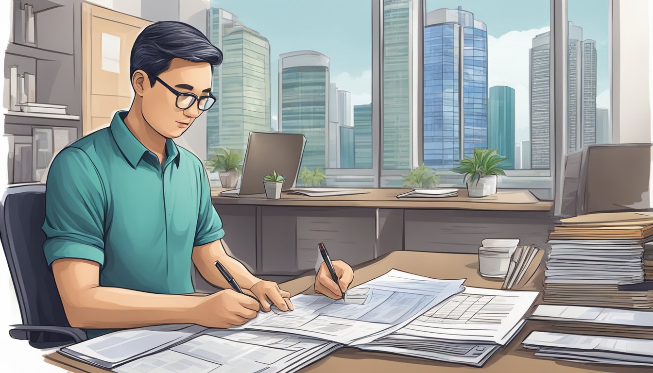 A foreigner researching property laws in Singapore, reviewing financial documents and procedures