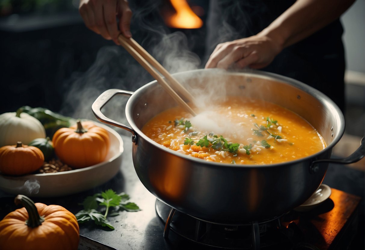 Chinese pumpkin porridge simmers in a large pot. A chef stirs in fragrant spices and creamy coconut milk. Steam rises from the bubbling mixture