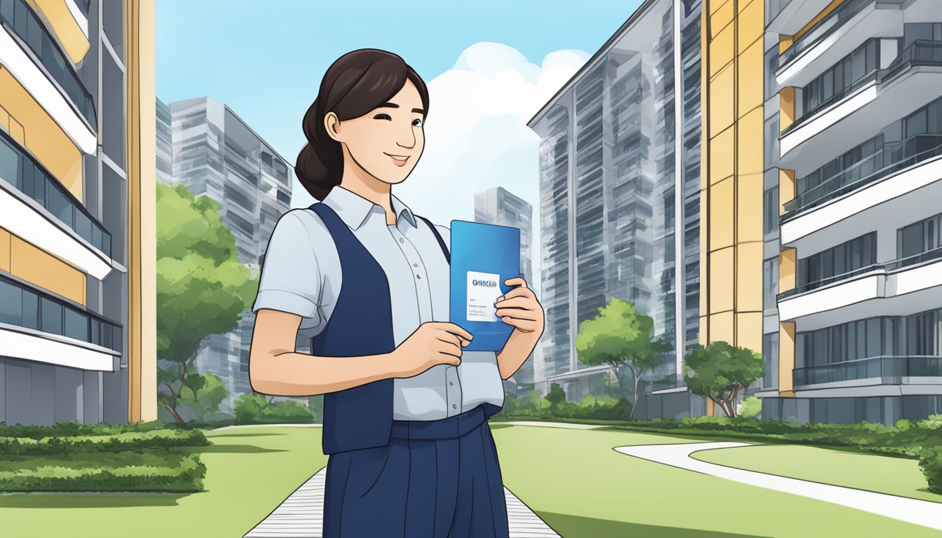 A person holding a Singapore PR card while standing in front of an executive condominium complex