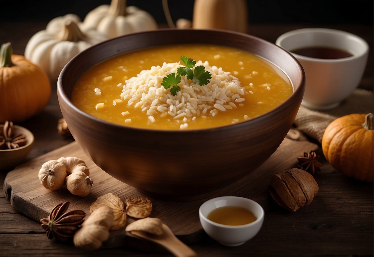 A steaming bowl of Chinese pumpkin porridge sits on a wooden table, surrounded by ingredients like ginger, rice, and cinnamon. A spoon rests on the side, ready to be used