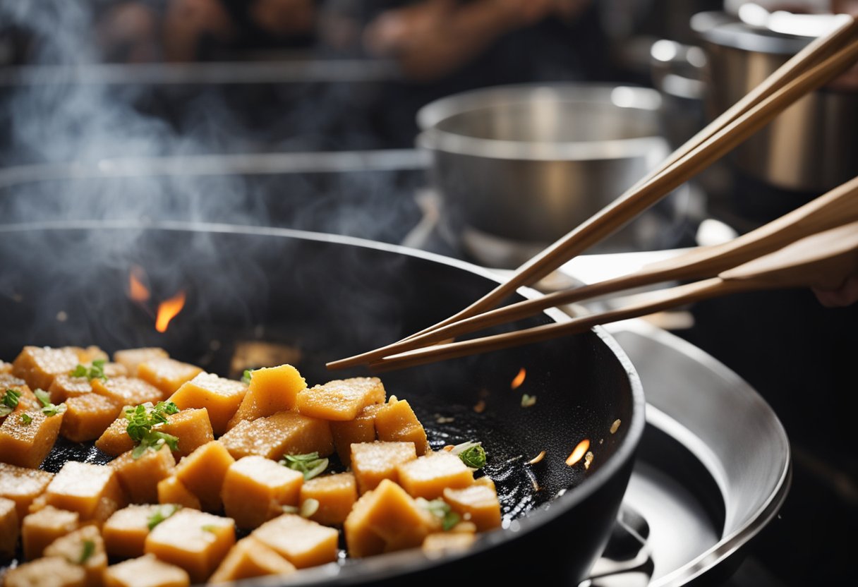 A wok sizzles with diced yam, ginger, and garlic in hot oil. Steam rises as the ingredients are stir-fried with soy sauce and sesame oil