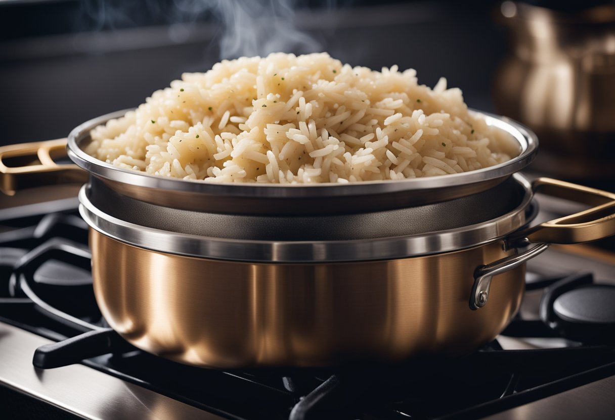 A pot of yam rice simmers on a stovetop, steam rising. A wok sizzles with garlic and shallots. Ingredients like soy sauce and sesame oil sit nearby