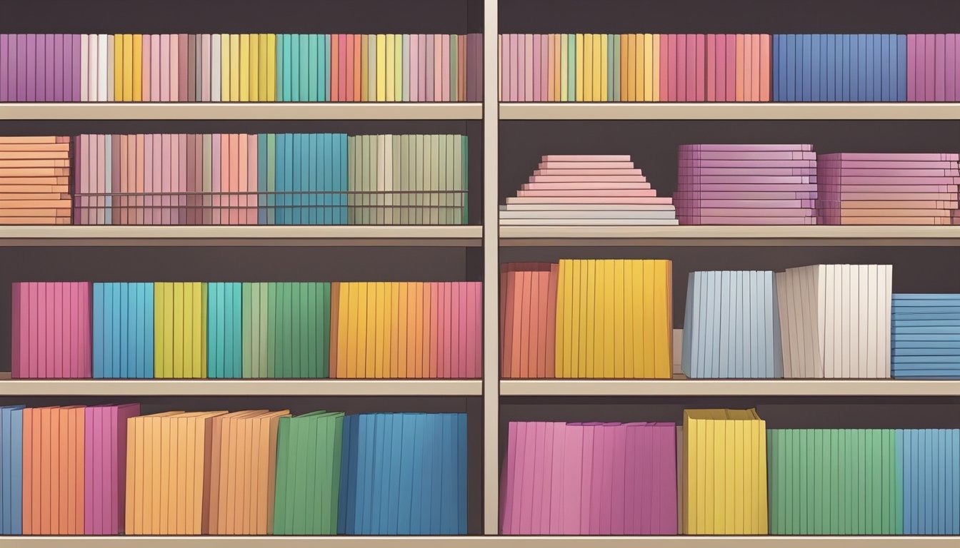 A store in Singapore sells cardstock, neatly stacked on shelves, with various colors and thicknesses on display