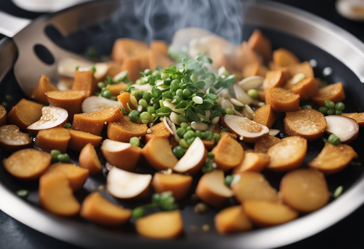 A wok sizzles as fragrant garlic and ginger are added to sliced yams, creating a mouthwatering aroma. Soy sauce and Chinese five-spice powder are sprinkled in, infusing the dish with rich, savory flavors