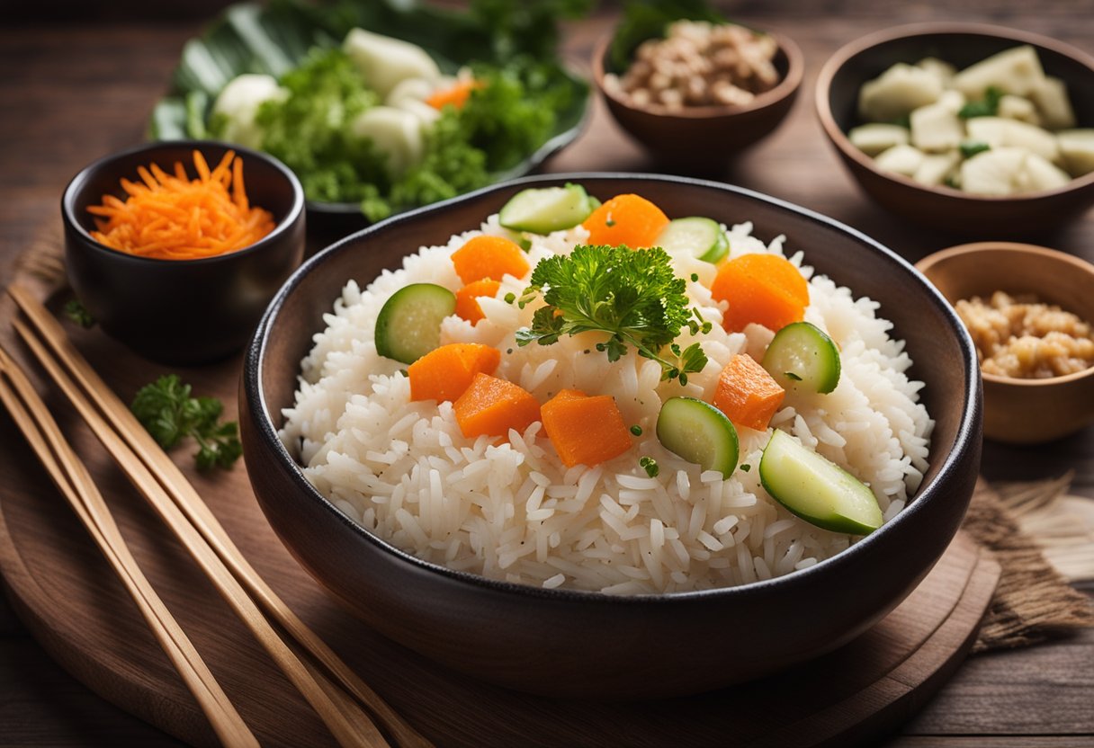 A steaming bowl of yam rice sits on a wooden table, surrounded by small dishes of pickled vegetables and savory meats