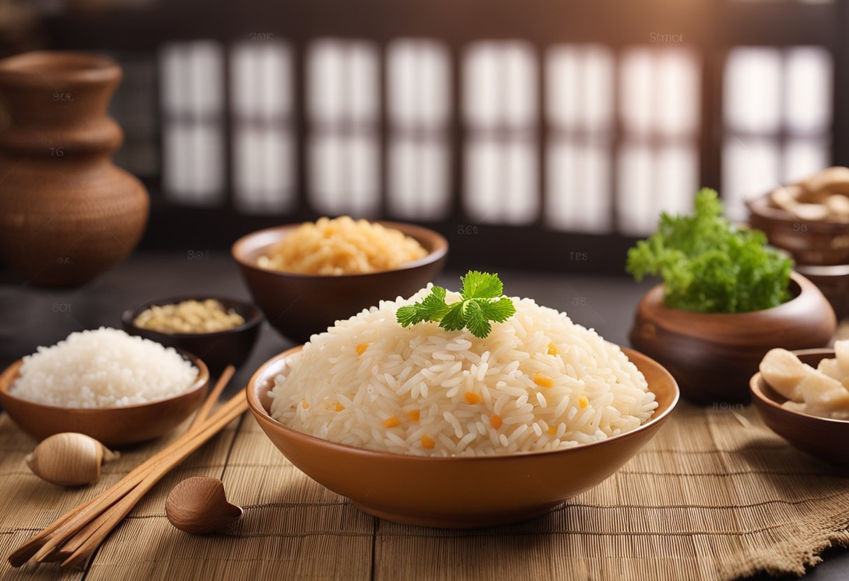A bowl of yam rice surrounded by Chinese ingredients with a nutritional information label displayed prominently