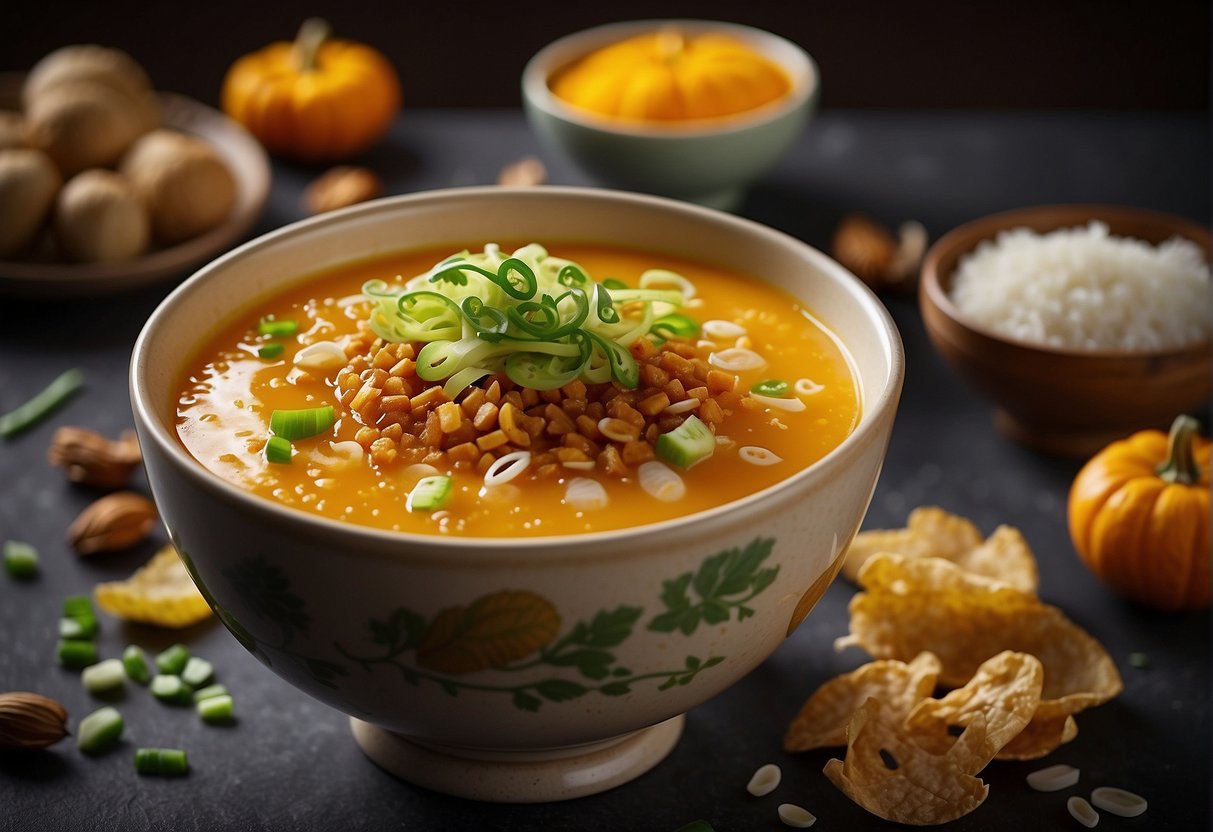 A bowl of Chinese pumpkin porridge with various garnishes and accompaniments, such as chopped scallions, fried shallots, and a drizzle of sesame oil