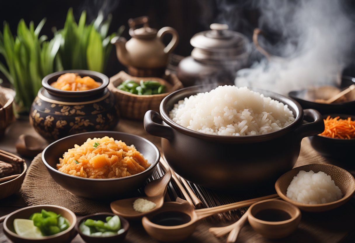 A steaming pot of yam rice surrounded by traditional Chinese cooking ingredients and utensils
